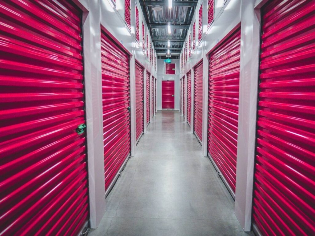 corridor in a self storage building showing storage units